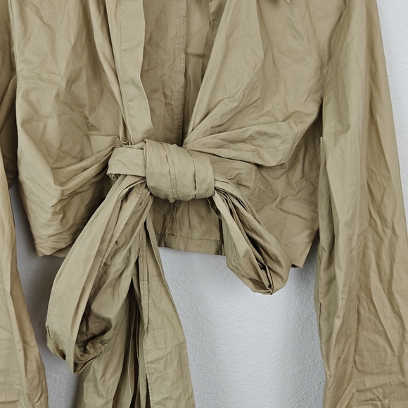 Ronny Kobo Palmer Cotton Poplin Long Sleeve Bare Midriff Tie-Back Tan Top Medium - Picture 6 of 15